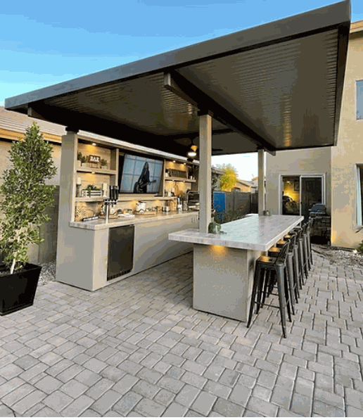 Fantasy Island 20’x20’ Luxury Outdoor Kitchen & Entertainment System – 70" TV, Kokomo Grill, Kegerator & Aluminum Roof